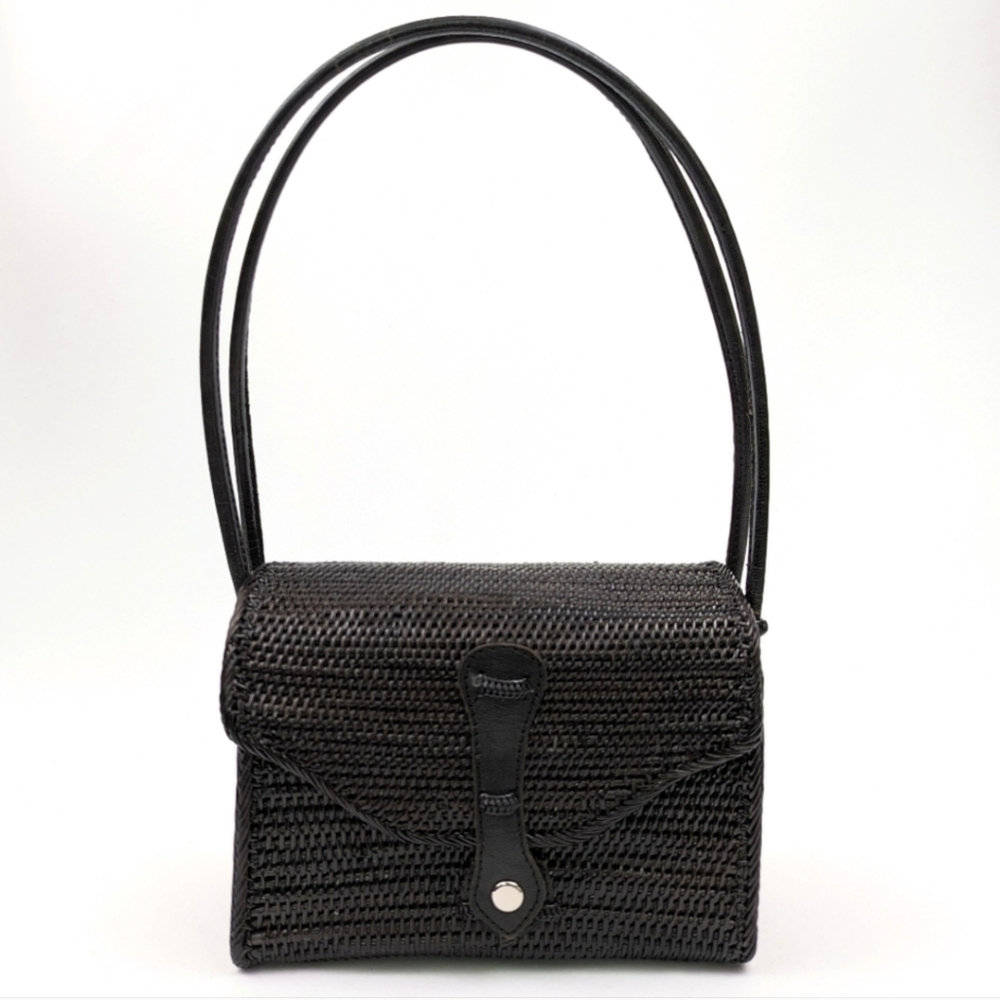 TLC Box Purse Woven Wicker Rattan Double Handle Round Top Snap Front Retro 50s